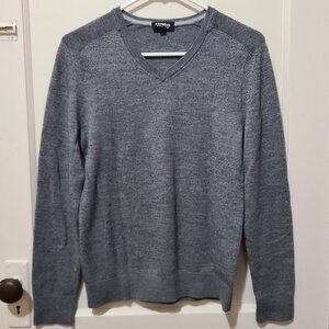 Mens Express V Neck Sweater Merino Wool Blend Solid Grey Sz S